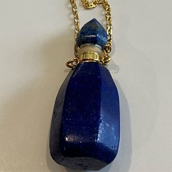 Lapis Lazuli Perfume Bottle Pendant Necklace‎ Gold Chain 20" Blue Stone - Picture 6 of 10